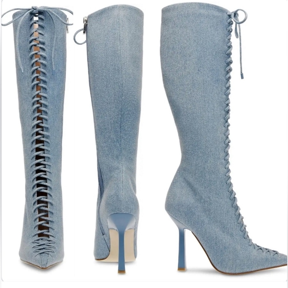 NEW Steve Madden “Killa” Blue Denim Lace Up Tall Boots NWT - Picture 2 of 6
